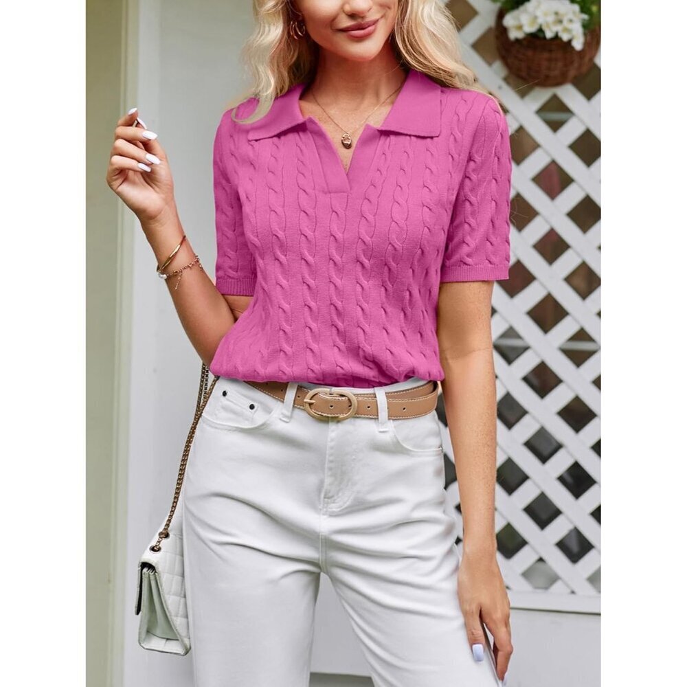 Womens Pink Short Sleeve Sweater Top Cable Knit Casual Summer V Neck Polo Shirts - Picture 3 of 6